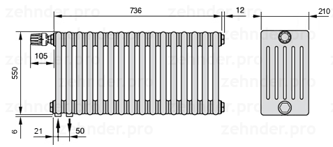 Схема (чертеж) Радиатор Zehnder Charleston 6055/16 №V001 Белый глянцевый RAL 9016